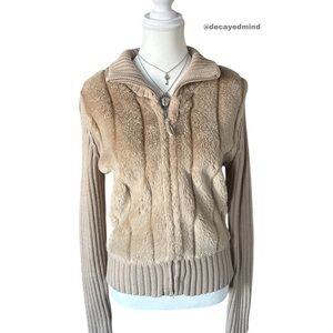 Y2K “Fashion Essentials” Cream/Beige Mix Faux Fur Trim Knit Zip-up Sweater